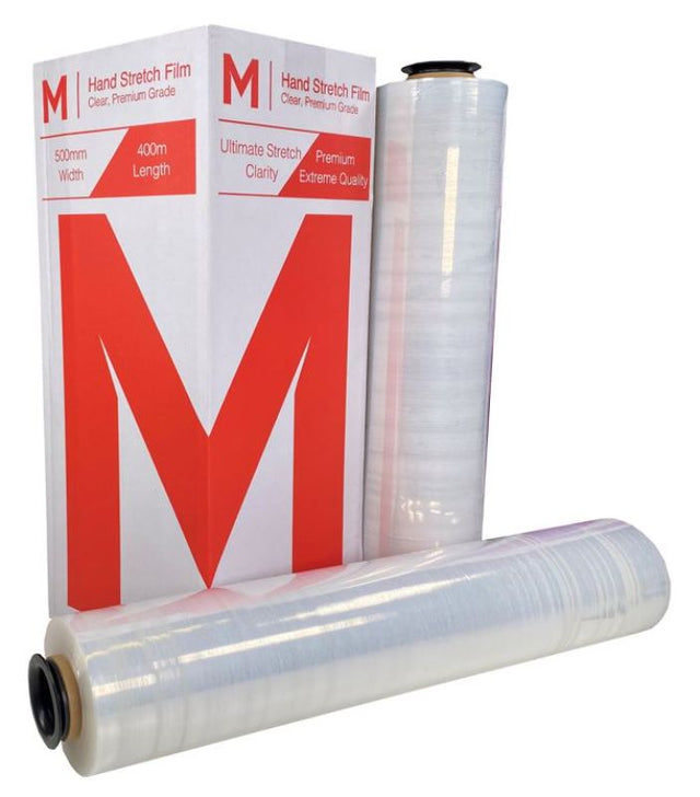 Clear premium hand stretch film rolls (500mm x 500m, 12mu) in a pack of 4, designed for strong, noiseless wrapping.