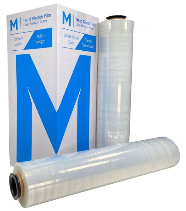 Clear premium hand stretch film rolls, 500mm x 400m, 15mu, pack of 4 with reduced noise and high clarity for efficient wrapping.