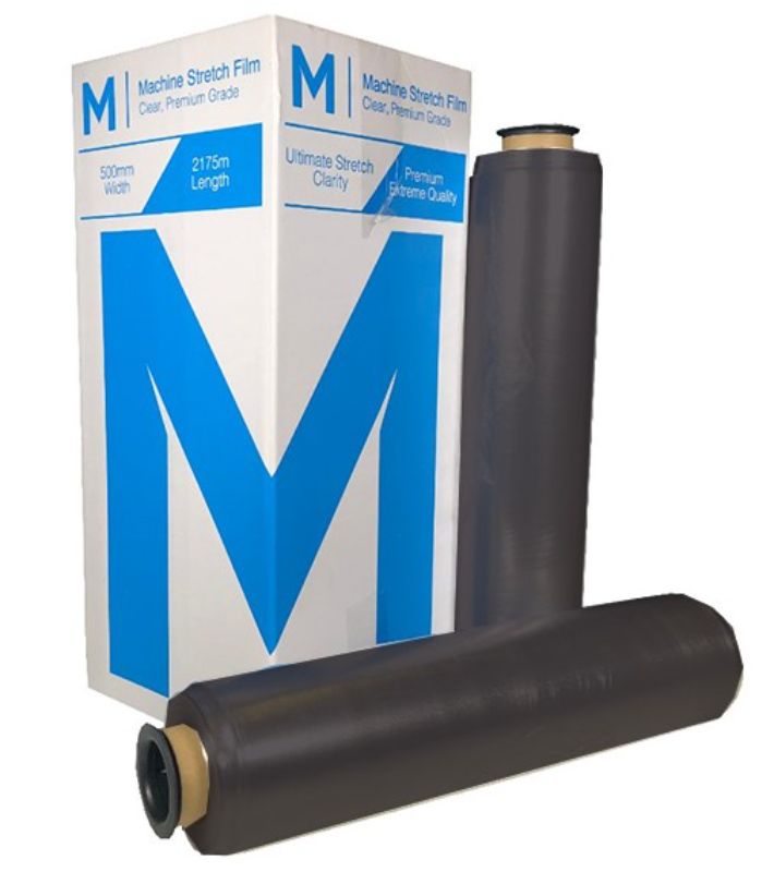 Premium black hand stretch film, 500mm x 400m, high clarity, strong, quiet application, pack of 4 with free end caps.