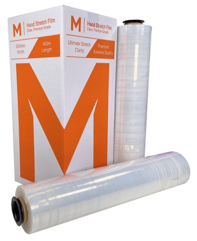 Clear premium hand stretch film, 500mm x 400m, 17mu; pack of 4 rolls with 4 free end caps for secure pallet wrapping.