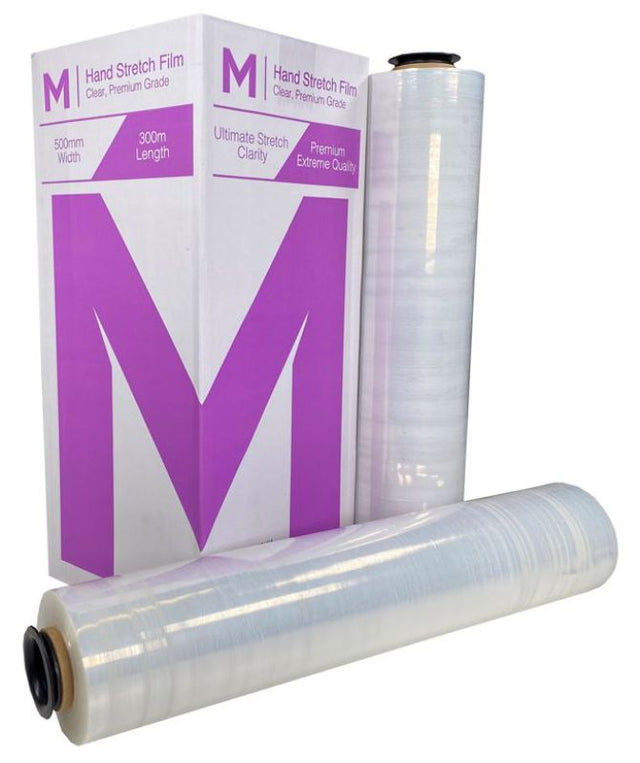 Premium clear hand stretch film pack with four 500mm x 300m rolls, designed for secure and quiet pallet wrapping.
