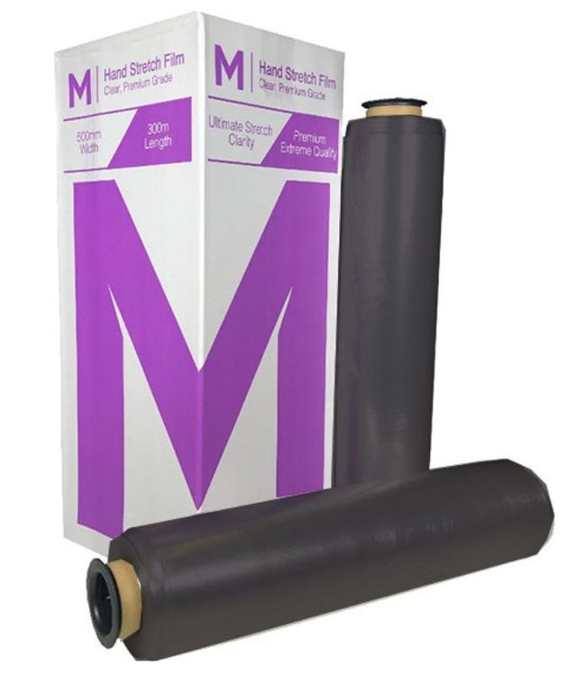 Black premium hand stretch film rolls, 500mm x 300m, offering strength, clarity, and reduced noise for efficient packaging.