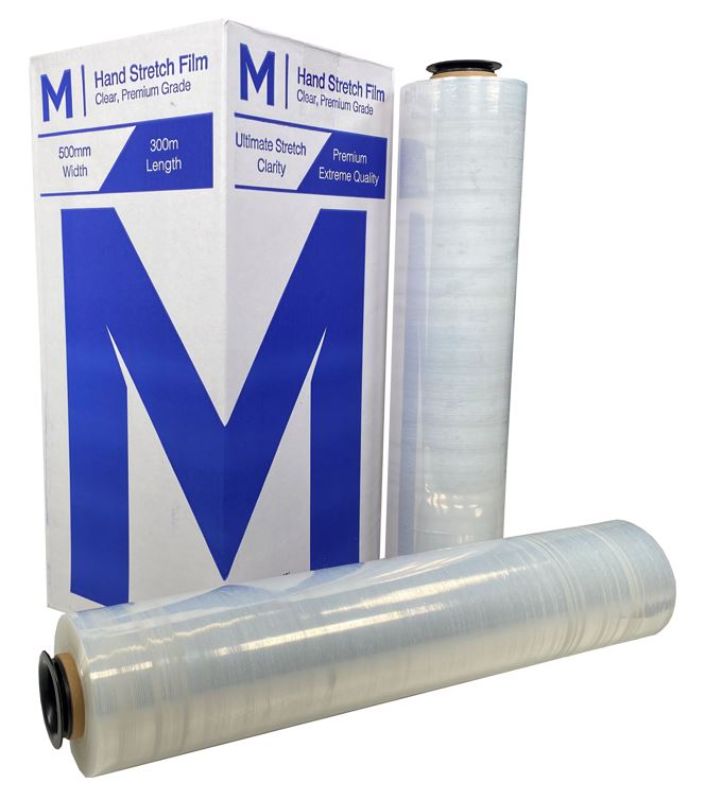 Clear premium hand stretch film, 500mm x 300m, 23mu thick for secure pallet wrapping; pack of 4 rolls with reduced noise.