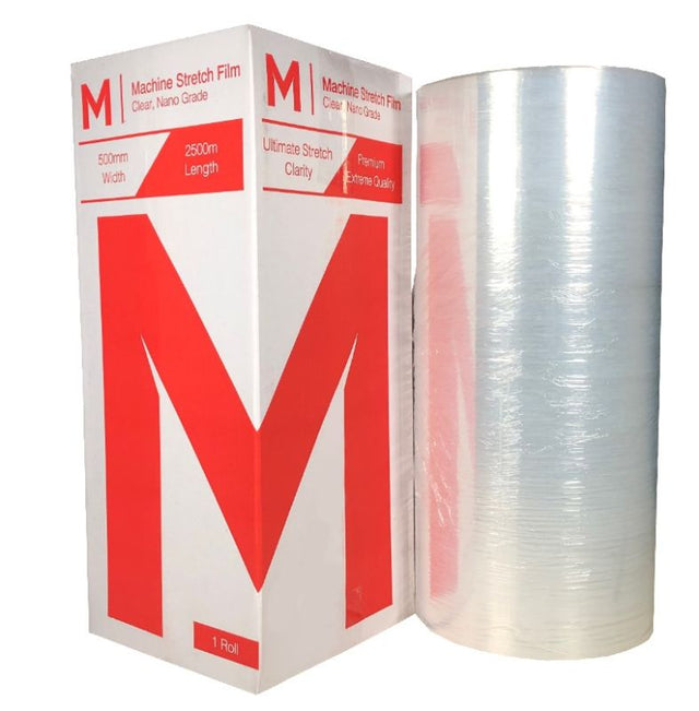 Clear premium machine stretch film, 500mm x 2500m x 12mu, featuring strong, thin design for efficient pallet wrapping and clarity.