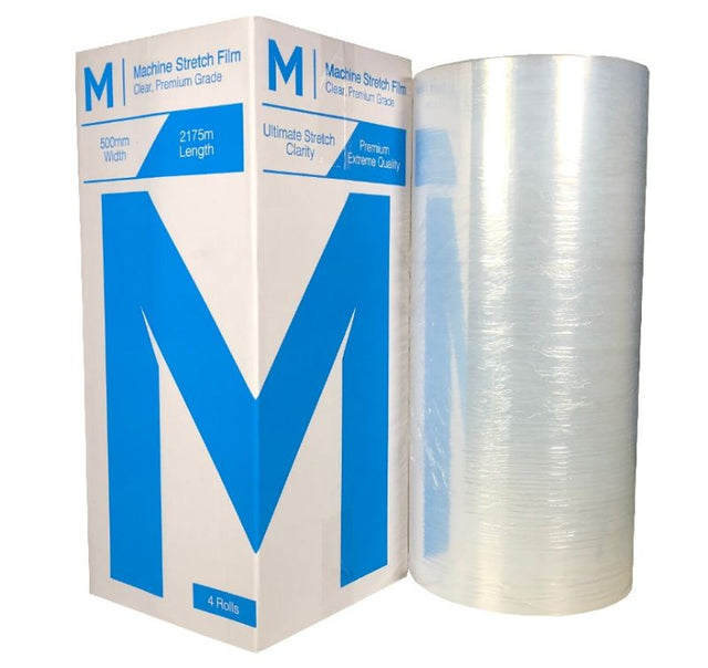 Clear premium machine stretch film measuring 500mm x 2175m x 15mu, designed for efficient pallet wrapping and protection.
