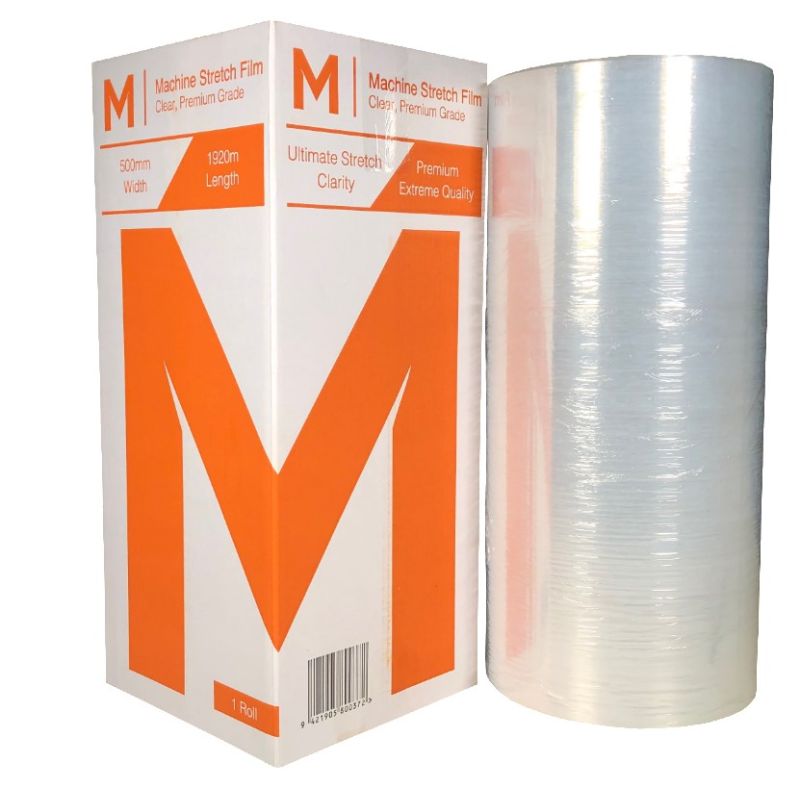 Clear, durable Premium Machine Stretch Film 500mm x 1920m x 17mu, ideal for efficient pallet wrapping and shipping protection.