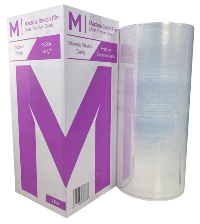 Clear premium machine stretch film, 500mm x 1630m, offers robust protection with high puncture resistance and 350% stretch capability.