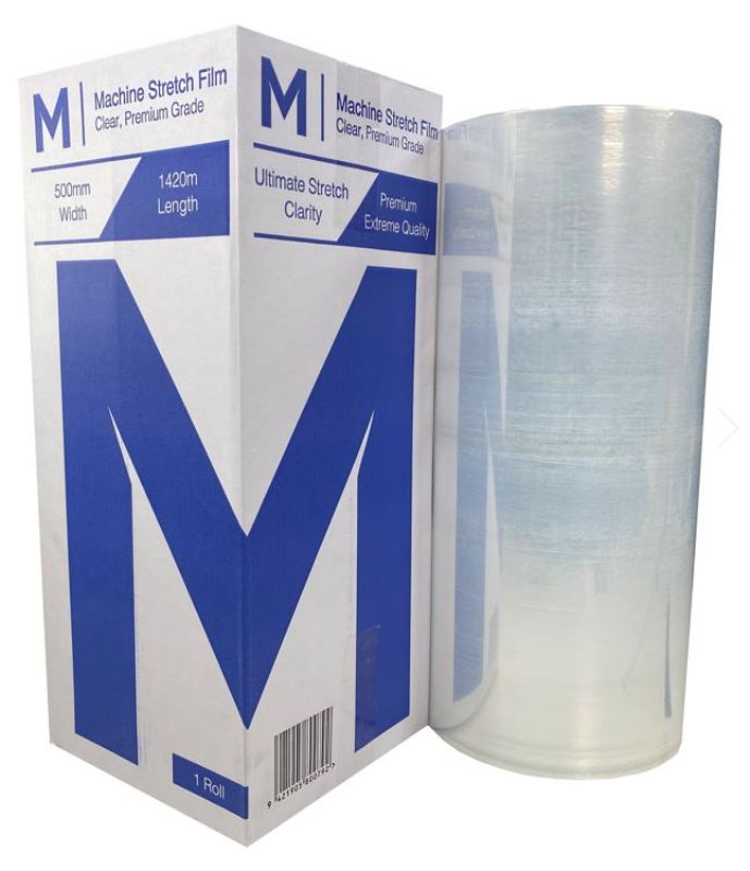 Clear premium machine stretch film, 500mm x 1420m, 23mu thickness for superior wrapping and secure shipment protection.