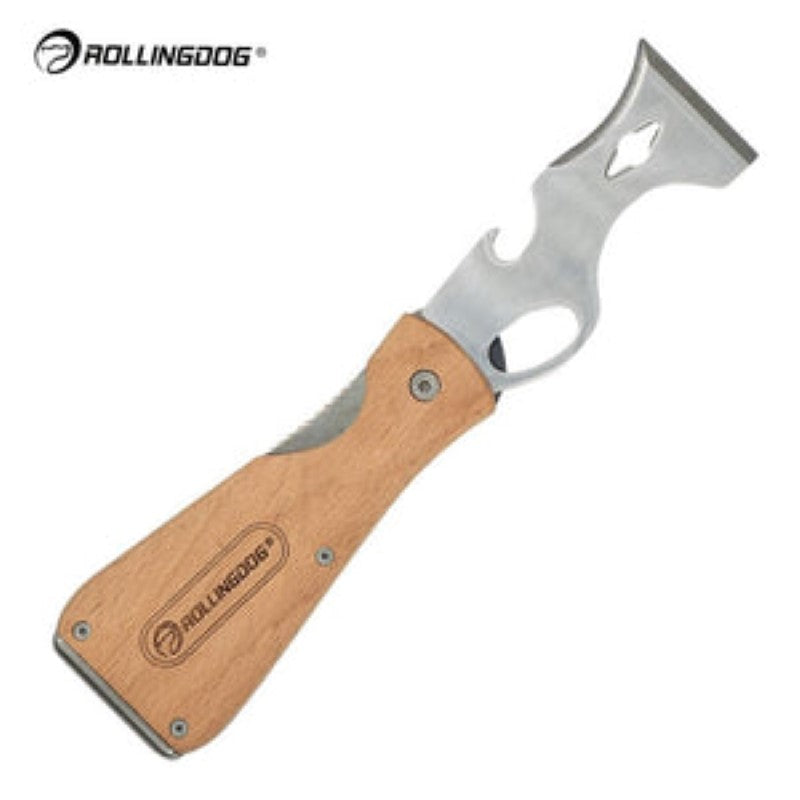 Multifunctional folding painter's tool with stainless steel blade, hammer end cap, and ergonomic beech wood handle.