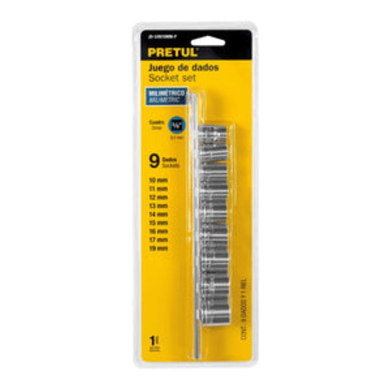 SOCKETS 3/8"DRIVE IN ORGANISER - METRIC 10 - 19MM 9-PCE PRETUL