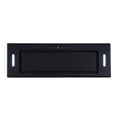 Black glass integrated rangehood with 1000m3/hour airflow, touch controls, LED lights, and quiet operation for modern kitchens.