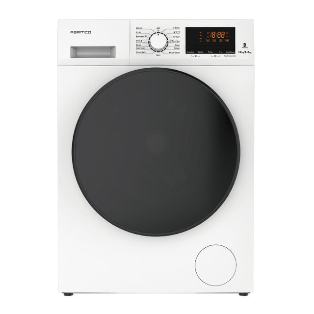 Compact white washer-dryer combo with 10KG wash and 6KG dry capacity, featuring 15 programs and energy-efficient ratings.