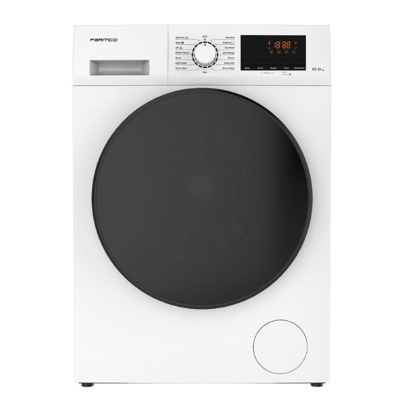 Parmco 10KG Front Load Washing Machine in White, featuring 16 wash programs, child lock, and 4-star energy efficiency.