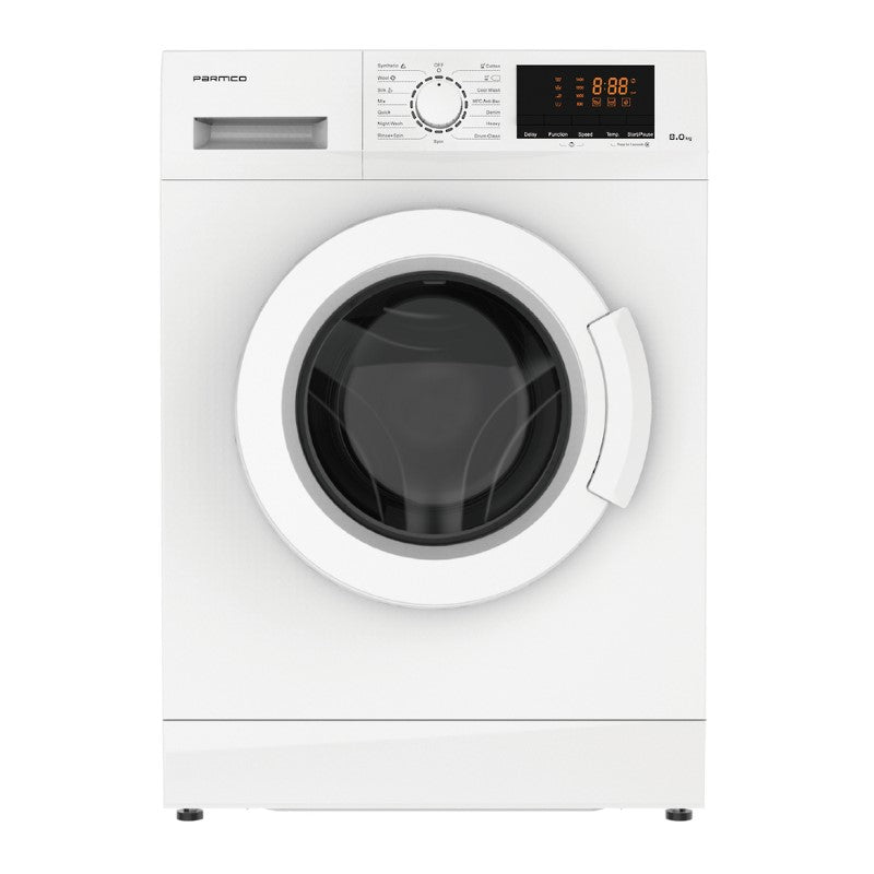 Parmco 8KG Front Load Washing Machine in white, featuring 15 wash programs and quiet operation for efficient laundry days.