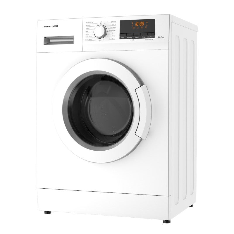 Sleek white Parmco 8KG front load washing machine with 15 wash programs and child lock, perfect for modern families.