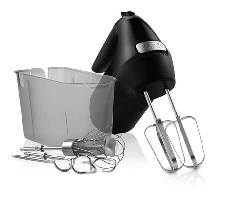 Hand Mixer - Pro MIXMASTER® by Sunbeam in black, featuring 3 attachments, 7 speeds, and a storage case for easy organization.