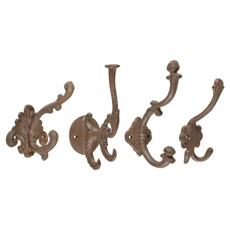 Set of 8 assorted cast iron coat hooks featuring unique designs for stylish storage in any room.