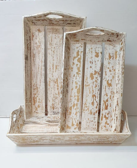 Set of 3 rustic wooden trays with white wash finish, perfect for serving, organizing, or displaying items in any decor.