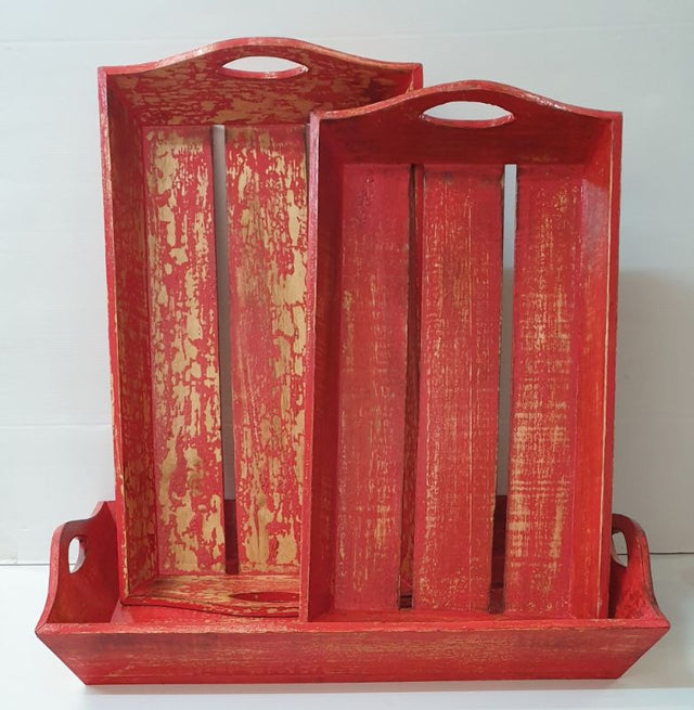 Rustic wooden trays in a rich red wash, set of three, perfect for serving or decorating your home.