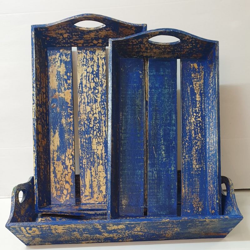 Rustic wooden trays with a blue wash finish, perfect for serving or displaying decor, measuring 54 x 36 x 12 cm. Set of 3.