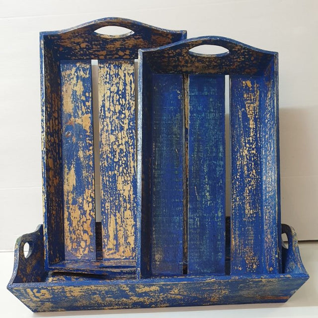 Rustic wooden trays with a blue wash finish, perfect for serving or displaying decor, measuring 54 x 36 x 12 cm. Set of 3.