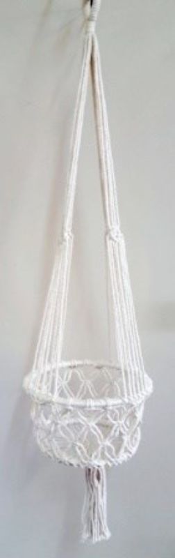 White macrame pot plant hanger, 110cm long, perfect for showcasing indoor plants with bohemian elegance.