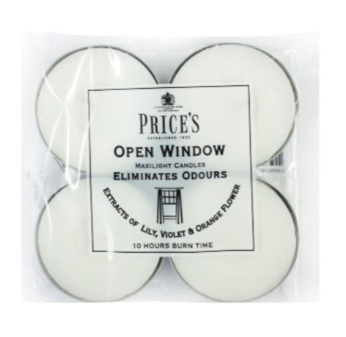 Set of four tealight candles with floral scents, 10-hour burn time, and compact dimensions.