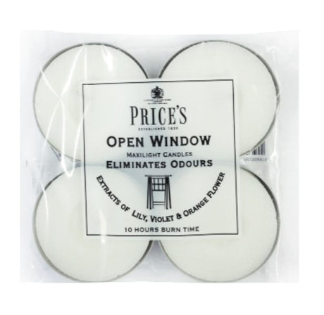 Set of four tealight candles with floral scents, 10-hour burn time, and compact dimensions.