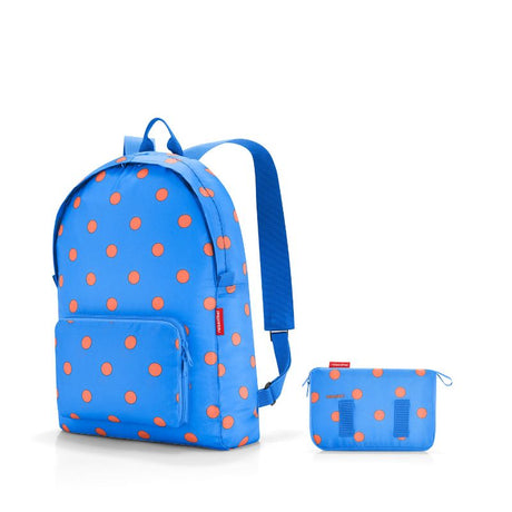 Lightweight Reisenthel Mini Maxi Rucksack in Azure Dots, 14L, folds into front pocket, water-repellent, ergonomic straps.