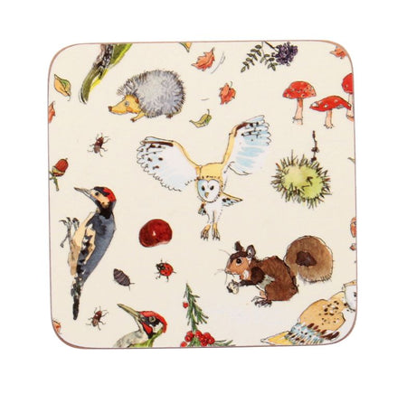 Set of 4 woodland coasters by Madeleine Floyd, 10.5cms, featuring nature illustrations for stylish surface protection.