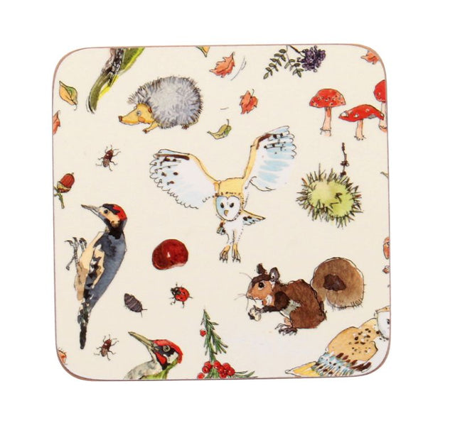 Set of 4 woodland coasters by Madeleine Floyd, 10.5cms, featuring nature illustrations for stylish surface protection.