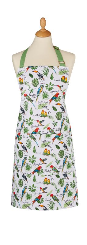 Vibrant cotton apron with tropical bird design, featuring adjustable straps and front pockets for cooking and crafting.