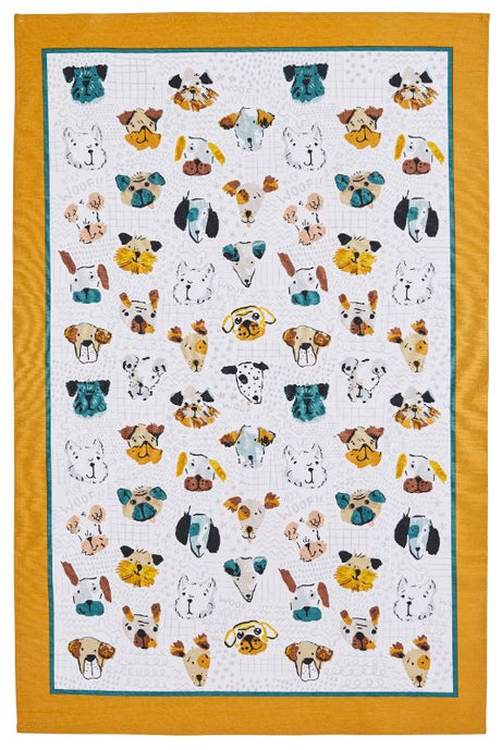 Ulster Weavers Cotton Tea Towel featuring the colorful Mutley Crew design, ideal for drying dishes and enhancing kitchen decor.