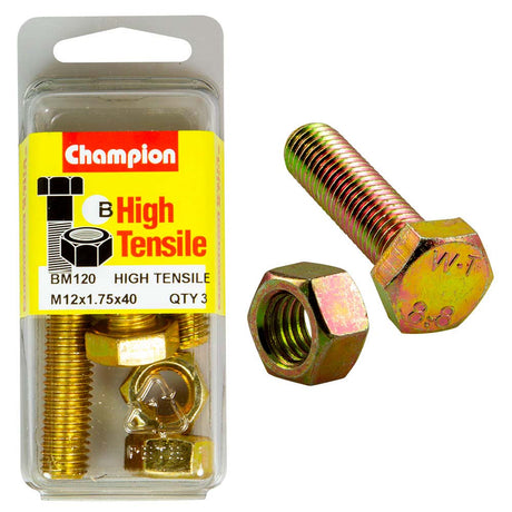 Champion M12 x 40 Set Screw & Nut (B) - GR8.8, durable fastener for industrial & DIY use, featuring high tensile strength and secure fit.