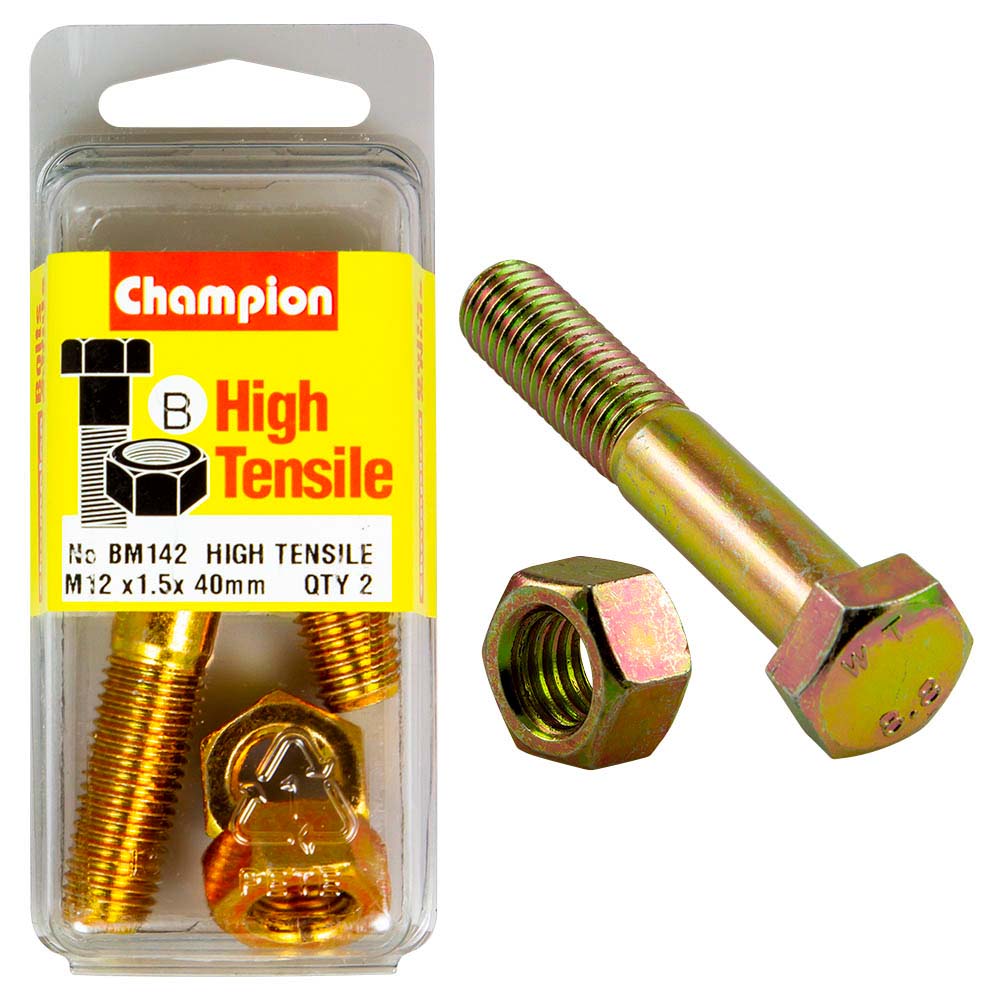 Robust Champion M12 x 40 x 1.5 Bolt & Nut - GR8.8, crafted from Grade 8.8 steel for heavy-duty applications.