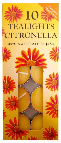 Citronella tealight candles in a 10-pack, designed for outdoor use with a 5-hour burn time.