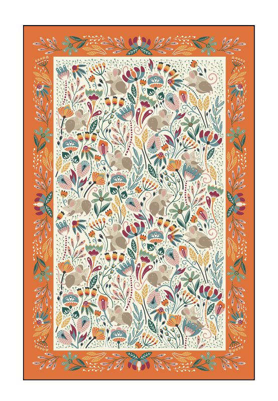 Cotton tea towel featuring playful field mice, vibrant autumn colors, and charming harvest design, measuring 74 cm.