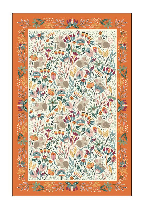 Cotton tea towel featuring playful field mice, vibrant autumn colors, and charming harvest design, measuring 74 cm.