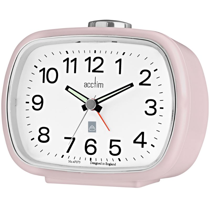 Elegant Acctim Camille English Rose alarm clock with luminous hands, bell alarm, and Rose Gold accents, perfect for bedside decor.