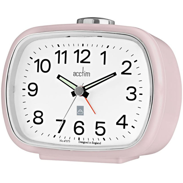 Elegant Acctim Camille English Rose alarm clock with luminous hands, bell alarm, and Rose Gold accents, perfect for bedside decor.