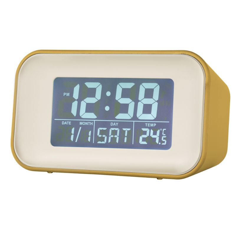 Sleek 10cm mustard yellow LCD alarm clock with reflection display, dual alarms, and indoor temperature for modern bedrooms.