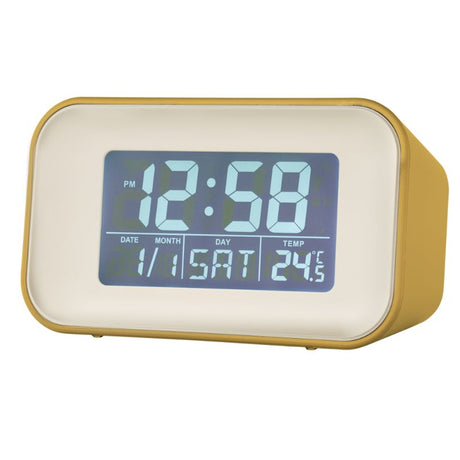 Sleek 10cm mustard yellow LCD alarm clock with reflection display, dual alarms, and indoor temperature for modern bedrooms.