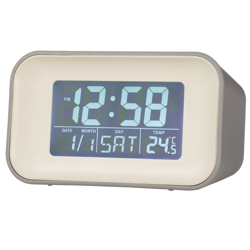 Sleek owl grey LCD alarm clock with reflection display, dual alarms, calendar, and indoor temperature features for stylish organization.