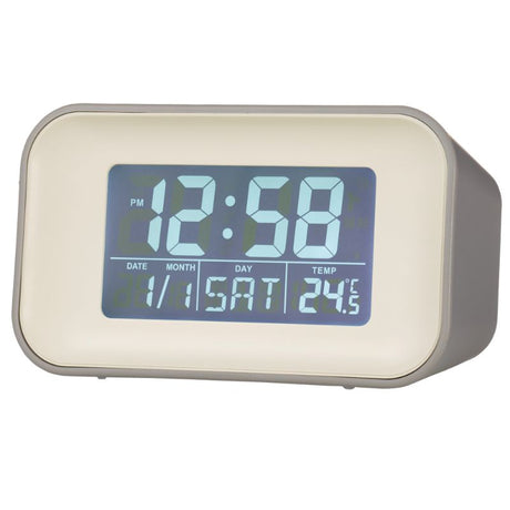 Sleek owl grey LCD alarm clock with reflection display, dual alarms, calendar, and indoor temperature features for stylish organization.