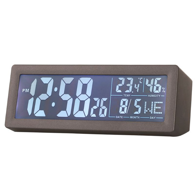 Sleek grey LCD clock with reflection display, touch snooze, and indoor environment monitor functions.