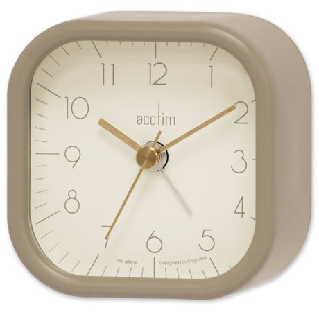 Taupe metal case alarm clock with retro square design, easy-to-read dial, and gentle beep alarm for stylish wake-ups.