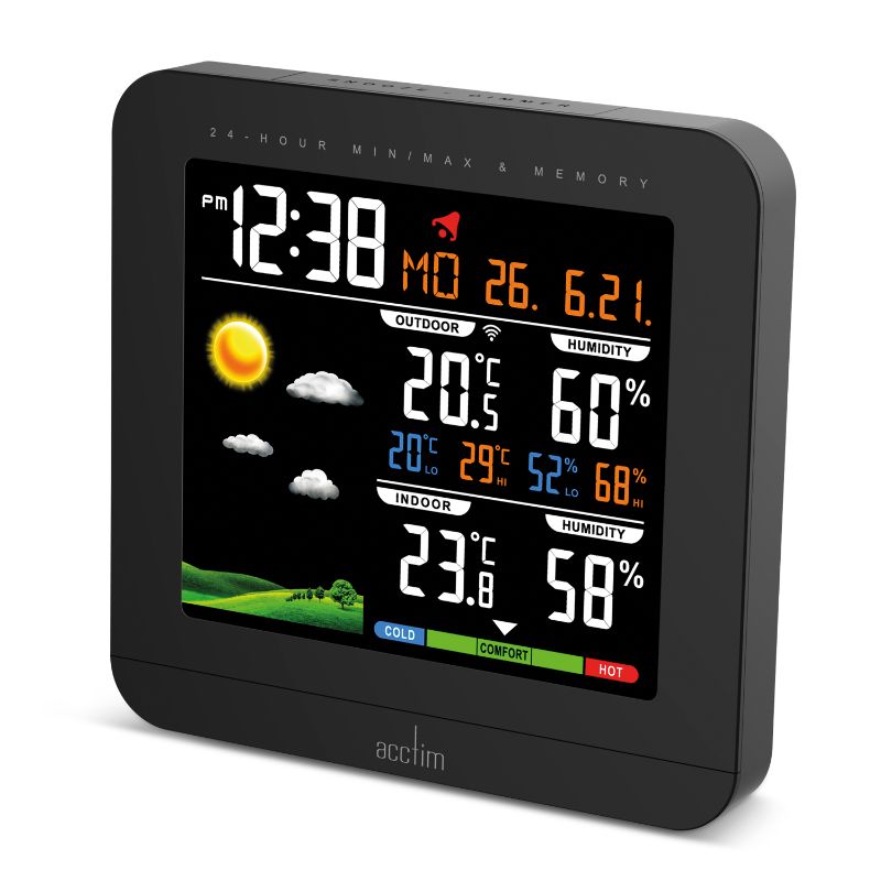 Acctim Wyndham Weatherstation Clock in black, featuring a high-res display, outdoor sensor, and animated weather icons.