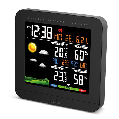 Acctim Wyndham Weatherstation Clock in black, featuring a high-res display, outdoor sensor, and animated weather icons.