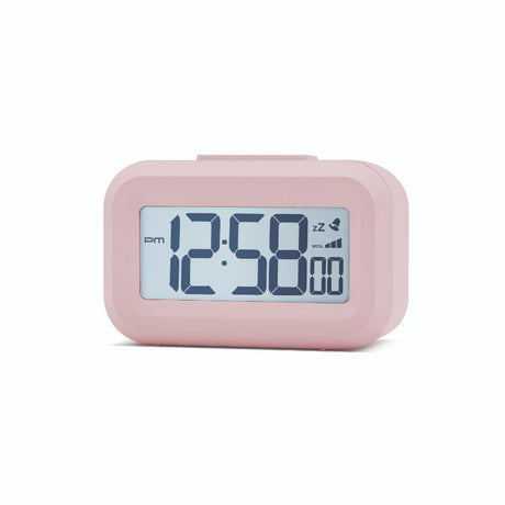 Compact LCD alarm clock in Peach Bellini color with white backlight, snooze feature, and adjustable volume control.
