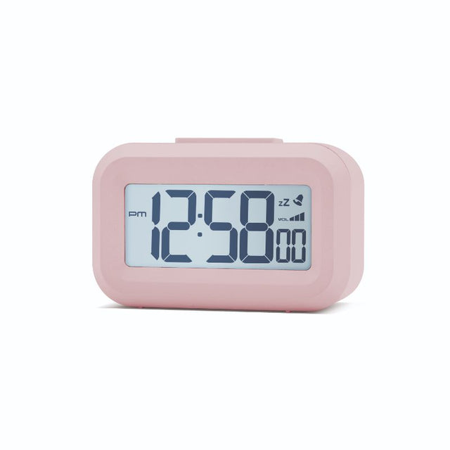 Compact LCD alarm clock in Peach Bellini color with white backlight, snooze feature, and adjustable volume control.
